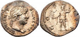 Hadrian. Silver Denarius (2.98 g), AD 117-138. Rome, ca. AD 124-128. HADRIANVS AVGVSTVS, laureate bust of Hadrian right, slight drapery on far shoulde...