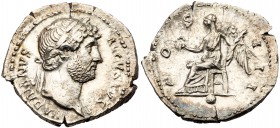Hadrian. Silver Denarius (2.90 g), AD 117-138. Rome, AD 124-128. HADRIANVS AVGVSTVS, laureate bust of Hadrian right, slight drapery on far shoulder. R...
