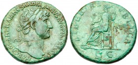 Hadrian. &AElig; Sestertius (24.74 g), AD 117-138. Rome, ca. AD 120-122. Laureate head of Hadrian right. Reverse: Libertas seated left on throne, hold...
