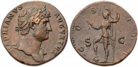 Hadrian. &AElig; Sestertius (23.35 g), AD 117-138. Rome, ca. AD 124-128. Laureate bust of Hadrian right, slight drapery on far shoulder. Reverse: Virt...