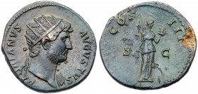 Hadrian. &AElig; Dupondius (13.08 g), AD 117-138. Rome, AD 124-128. Radiate bust of Hadrian right, slight drapery on far shoulder. Reverse: Fides stan...