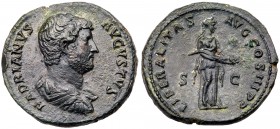Hadrian. &AElig; As (10.64 g), AD 117-138. Rome, ca. AD 132-134. Bare-headed, draped and cuirassed bust of Hadrian right. Reverse: Liberalitas standin...