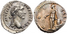 Antoninus Pius, AD 138-161. Silver Denarius (3.56g). Mint of Rome, AD 152-153. Laureate head of Pius facing r. Reverse: Annona standing l. holding two...