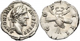 Antoninus Pius. Silver Denarius (3.15 g), AD 138-161. Rome, AD 145-147. ANTONINVS AVG PIVS P P, C-O-S I-I-II, clasped hands holding caduceus and grain...