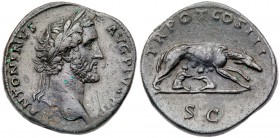 Antoninus Pius. &AElig; Sestertius (26.50 g), AD 138-161. Rome, ca. AD 140. Laureate head of Antoninus Pius right. Reverse: She-wolf standing right, s...