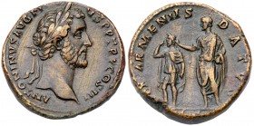 Antoninus Pius. &AElig; Sestertius (26.62 g), AD 138-161. Rome, ca. AD 141-143. Laureate head of Antoninus Pius right. Reverse: REX ARMENIIS DATVS, em...