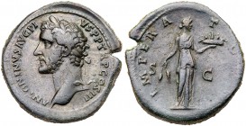 Antoninus Pius. &AElig; Sestertius (21.39 g), AD 138-161. Rome, AD 143/4. Laureate head of Antoninus Pius left. Reverse: Fides standing facing, head r...