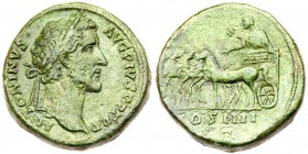 Antoninus Pius. &AElig; Sestertius (29.30 g), AD 138-161. Rome, AD 145-147. Laureate head of Antoninus Pius right. Reverse: Emperor driving slow quadr...