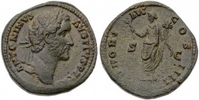 Antoninus Pius. &AElig; Sestertius (26.67 g), AD 138-161. Rome, AD 147/8. Laureate head of Antoninus Pius right. Reverse: Honos standing facing, head ...