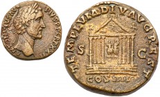 Antoninus Pius. &AElig; Sestertius (26.07 g), AD 138-161. Rome, AD 158. Laureate head of Antoninus Pius right. Reverse: TEMPLVM DIV AVG REST, cult ima...