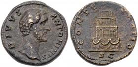Divus Antoninus Pius. &AElig; Sestertius (25.82 g), died AD 161. Rome, under Marcus Aurelius and Lucius Verus, AD 161. Bare head of Antoninus Pius rig...