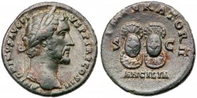 Antoninus Pius. &AElig; As (8.66 g), AD 138-161. Rome, ca. AD 141-143. Laureate head of Antoninus Pius right. Reverse: Two oval shields with rounded p...