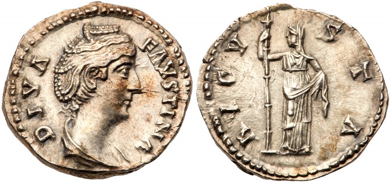 Diva Faustina I. Silver Denarius (3.33 g), died AD 140/1. Rome, under Antoninus ...