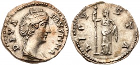 Diva Faustina I. Silver Denarius (3.33 g), died AD 140/1. Rome, under Antoninus Pius, ca. AD 141-146. DIVA FAVSTINA, draped bust of Faustina I right. ...