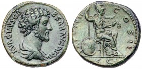 Marcus Aurelius. &AElig; Sestertius (25.58 g), as Caesar, AD 138-161. Rome, under Antoninus Pius, AD 152/3. Bare-headed and draped bust of Marcus Aure...