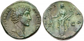 Marcus Aurelius. &AElig; Sestertius (27.88 g), as Caesar, AD 138-161. Rome, under Antoninus Pius, AD 145. Bare head of Marcus Aurelius right. Reverse:...