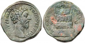 Divus Marcus Aurelius. &AElig; Sestertius (28.36 g), died AD 180. Rome, under Commodus, AD 180. Bare head of Marcus Aurelius right. Reverse: Funeral p...