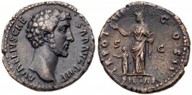 Marcus Aurelius. &AElig; As (9.43 g), AD 161-180. Rome, under Antoninus Pius, AD 149/50. Bare head of Marcus Aurelius right. Reverse: Pietas standing ...