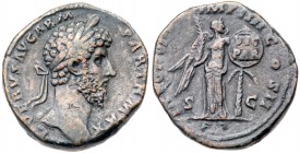 Lucius Verus. &AElig; Sestertius (19.90 g), AD 161-169. Rome, AD 166. Laureate head of Lucius Verus right. Reverse: Victory standing facing, head righ...