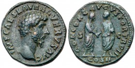 Lucius Verus. &AElig; As (9.72 g), AD 161-169. Rome, AD 162. Bare head of Lucius Verus right. Reverse: he two emperors standing facing one another cla...