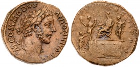 Commodus. &AElig; Sestertius (20.51 g), AD 177-192. Rome, AD 181. M COMMODVS ANTONINVS AVG, laureate head of Commodus right. Reverse: [TR P VI] IMP II...