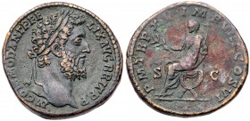Commodus. &AElig; Sestertius (21.39 g), AD 177-192. Rome, AD 190. Laureate head of Commodus right. Reverse: Emperor seated left, holding branch and sc...