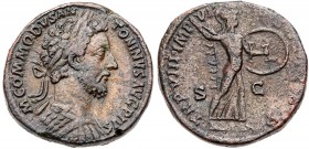 Commodus. &AElig; Sestertius (26.40 g), AD 177-192. Rome, AD 183. Laureate and cuirassed bust of Commodus right. Reverse: Minerva standing right, wear...