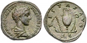 Commodus. &AElig; As (12.53 g), as Caesar, AD 166-177. Rome, nder Marcus Aurelius, AD 175/6. Bare-headed and draped bust of Commodus right. Reverse: E...
