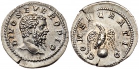 Divus Septimius Severus. Silver Denarius (3.35 g), died AD 211. Rome, under Caracalla, 211. DIVO PIO, bare head of Septimius Severus right. Reverse: C...