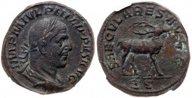 Philip I. &AElig; Sestertius (21.11 g), AD 244-249. Rome, AD 248. IMP M IVL PHILIPPVS AVG, laureate, draped and cuirassed bust of Philip I right. Reve...