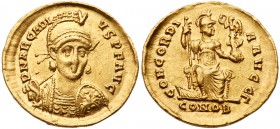 Arcadius. Gold Solidus (4.34 g), AD 383-408. Constantinople, AD 395-402. D N ARCADI-VS P F AVG, Diademed, helmeted, and cuirassed bust of Arcadius fac...