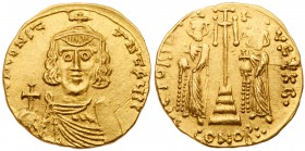 Constantine IV Pogonatus. Gold Solidus (4.43 g), 668-685. Mint of Syracuse, 668-673. d N CONS&tau;-AN&tau;&sigmaf;Ч PP, crowned bust of Constantine IV...