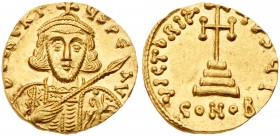 Tiberius III (Apsimar). Gold Solidus (4.34 g), 698-705. Constantinople. D &tau;IbERI-ЧS PE AV, crowned and cuirassed bust of Tiberius III facing, hold...