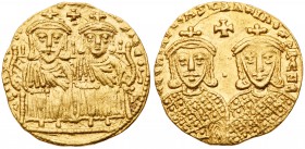 Constantine VI. Gold Solidus (4.39 g), 780-797. Constantinople, 780-ca. 787. Leo IV and Constantine VI seated facing on ornamented throne; above heads...