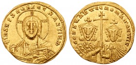 Constantine VII and Romanus II. Gold Solidus (4.30 g), 945-959. Constantinople. Nimbate bust of Christ Pantokrator facing, raising hand in benediction...