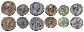 6-piece lot of Roman Bronze issues. Includes an as of Nerva ; a dupondius of Hadrian ; an as of Aelius, Caesar; two sestertii and a dupondius of Marcu...