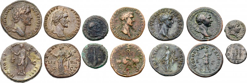 7-piece lot of Roman Bronze issues. Includes a sestertius and an as of Nerva; a ...