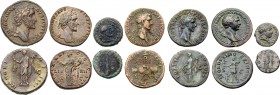 7-piece lot of Roman Bronze issues. Includes a sestertius and an as of Nerva; a dupondius and a quadrans of Trajan ; a semis of Hadrian ; and two sest...