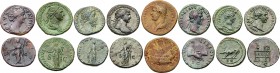 8-piece lot of Roman Bronze issues. Includes an as of Nerva; two dupondii, a semis, and a quadrans of Trajan; a left facing portrait sestertius of Had...