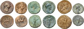 6-piece lot of Roman Bronze issues. Includes a dupondius of Trajan; a sestertius of Hadrian ; an as of Antoninus Pius ; a sestertius of Diva Faustina ...