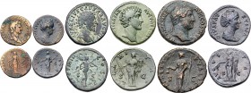 6-piece lot of Roman Bronze issues. Includes a sestertius of Nerva; an as of Hadrian ; two sestertii of Diva Faustina I; and two sestertii of Marcus A...