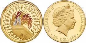 Australia. 100 Dollars, 2000. KM-521. Weight 0.3212 ounce. Elizabeth II. Sydney 2000 Olympic games. Multicolor torch. In original case. Choice Brillia...