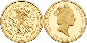 Australia. 100 Dollars, 2000 (1998). KM-373. Weight 0.3221 ounce. Elizabeth II. Runner training in rain. Sydney 2000 Olympic games. In original case. ...