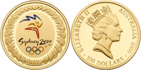 Australia. 100 Dollars, 2000 (1998). KM-383. Weight 0.3221 ounce. Elizabeth II. Sydney Olympics 2000, multicolor logo. In original case. Choice Brilli...