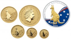 Australia. Perth Mint Kangaroo Presetige Gold Set: 5, 15, 25, 50 and 100 Dollars, 2009. Total weight 1.9 ounces. With a silver multi color medal. Eliz...