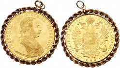 Austria. 4 Ducats with Bezel and Chain, 1915. KM-2276. Bezel 14kt, 4 grams and chain 18kt, 14.5 grams. Coin weight 0.4426 ounce. Franz Joseph I. About...