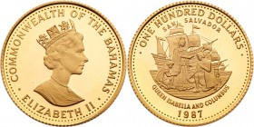 Bahamas. 100 Dollars, 1987. KM- 119. Weight 0.1875 ounce. Mintage 849. Queen Isabella receiving Christopher Columbus. Choice Brilliant Proof. Estimate...