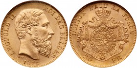 Belgium. 20 Francs, 1875. Fr-412; KM-37. Weight 0.1867 ounce. Leopold II. NGC graded MS-65. Estimate Value $200 - 225