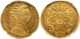 Brazil. 6400 Reis, 1791-R (Rio). Fr-87; KM-226.1. Maria, 1786-1805. Bust in decorative headdress right. Reverse; Italic arms. NGC graded MS-63. Estima...