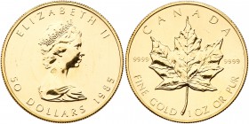 Canada. 50 Dollars, 1985. KM-125.2. Weight 1 ounce. Maple leaf. Brilliant Uncirculated. Estimate Value $950 - 1,000